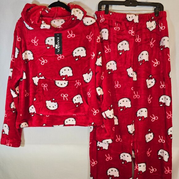 Women's Red and White Hello Kitty Fleece pajama set - Picture 1 of 3